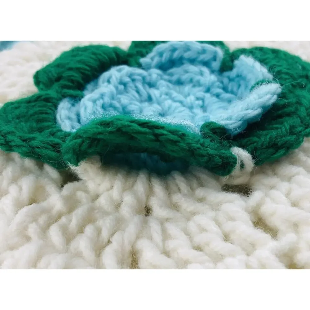 2 Handmade Crochet Potholder Trivet HotPads 3D Raised Blue Green Flowers Thick 8